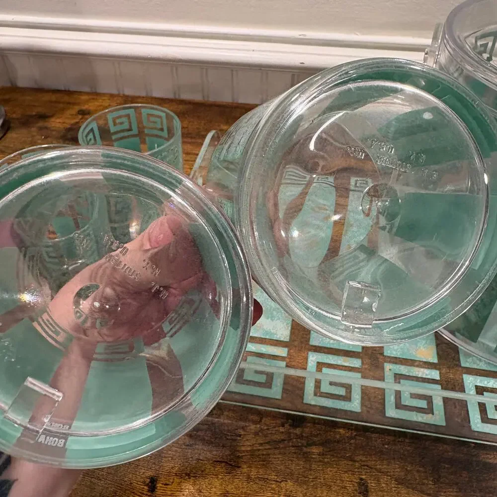 Vintage HJ Stotter Lucite Ice Bucket Tray Lowball Rocks Glass Set Grecian Boha